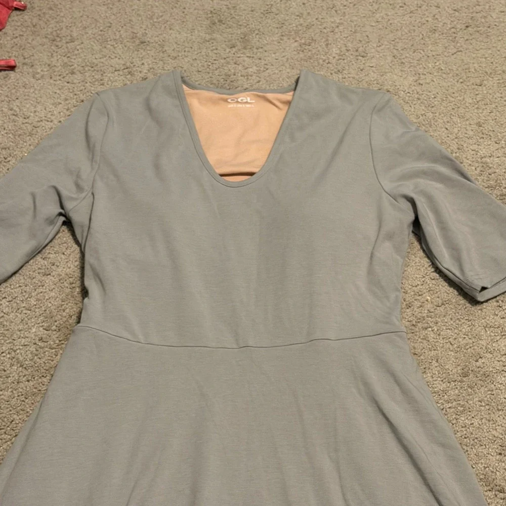 OGL Stretch Cotton V-Neck Elbow Sleeve Midi Bra Dress Pockets Women L Gray NEW - Picture 3 of 6
